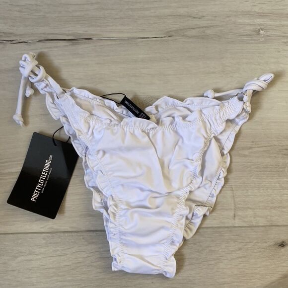 Pretty Little Things White Frill Edge Ruched‎ Back Bikini Bottoms Size 10 NWT - Picture 3 of 6